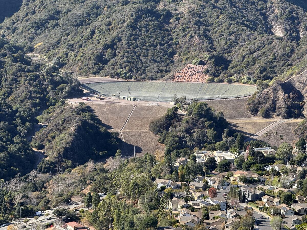 The Santa Ynez Reservoir in the Palisades Highlands as seen on Jan. 7 just before 1 p.m.