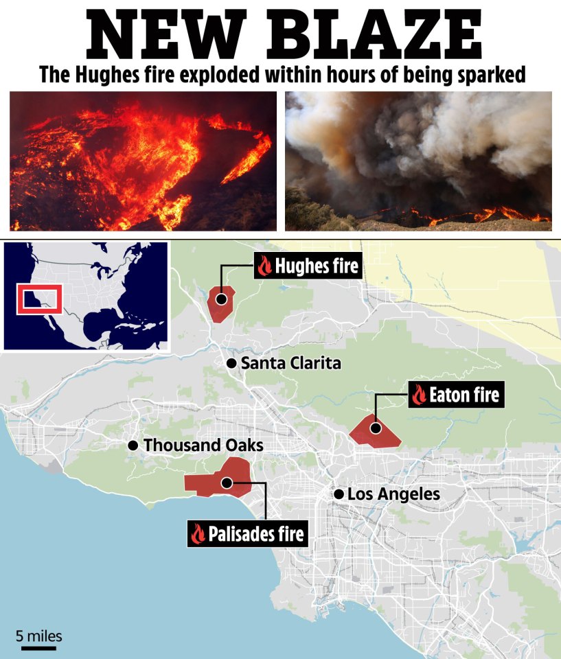 Map showing the locations of the Hughes, Eaton, and Palisades fires near Los Angeles.