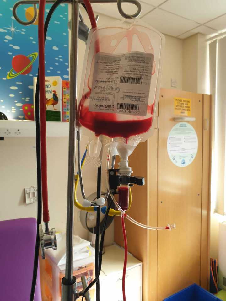 Blood bag in a hospital room.