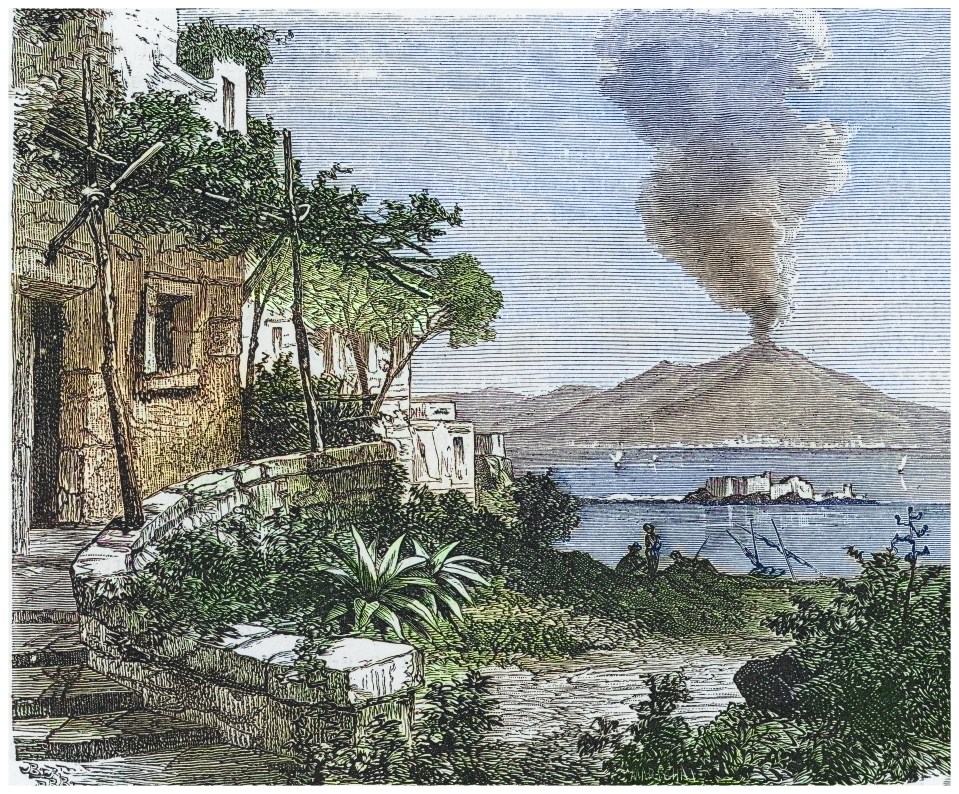 Antique Illustration, Copyright has expired on this artwork. From my own archives, digitally restored.<br />
Mount Vesuvius is a somma-stratovolcano located on the Gulf of Naples in Campania, Italy