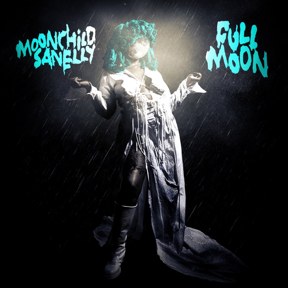 Illustration of Moonchild Sanelly in a long robe with a full moon for a head, standing in the rain.