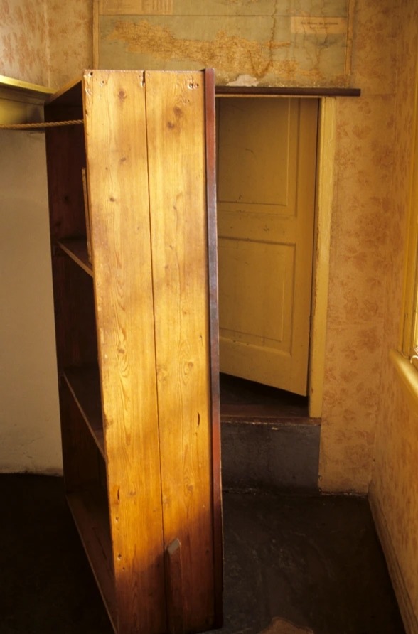 Wooden bookcase concealing a hidden door.