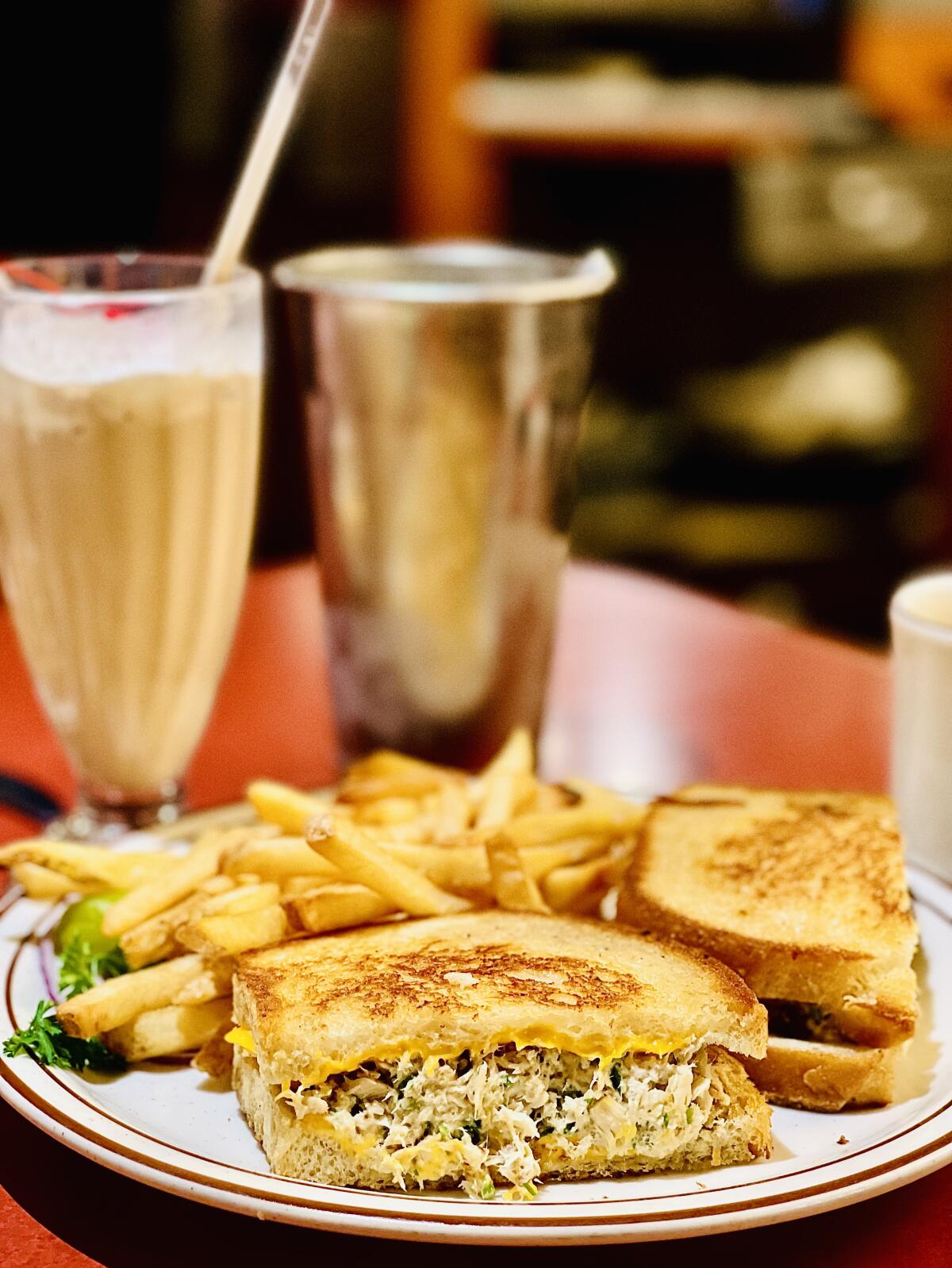 A tuna melt, fries and a chocolate shake at Bob's Big Boy in Burbank.