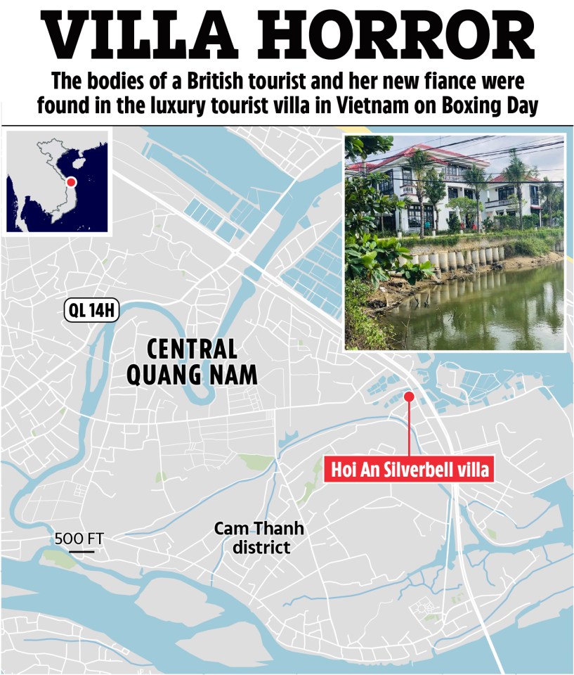 Map showing location of Hoi An Silverbell villa in Vietnam where a British tourist and her fiancé were found dead.