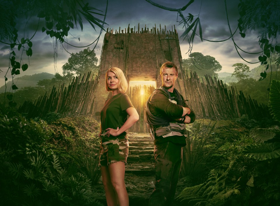 Illustration of Holly Willoughby and Bear Grylls in front of a jungle temple.