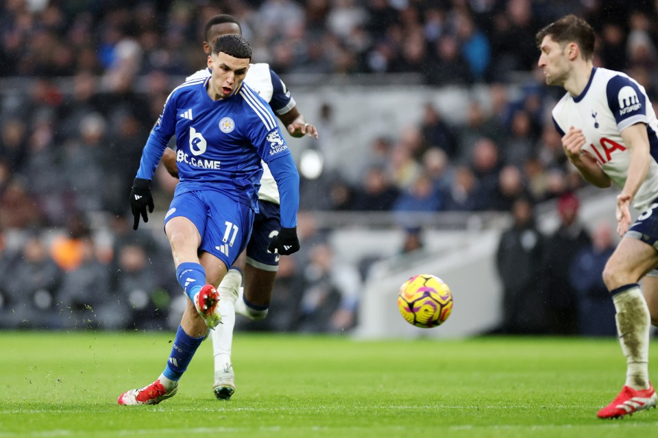 Bilal El Khannouss of Leicester City scoring a goal.