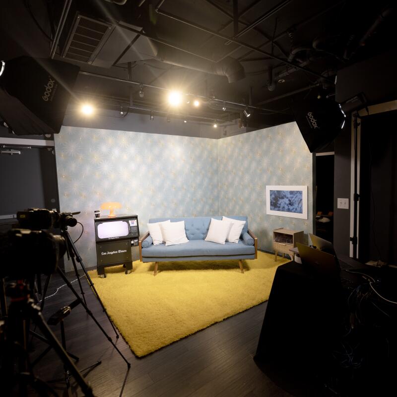 video studio set with a couch 