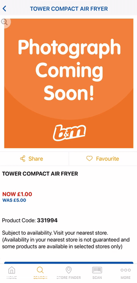 B&M listing for Tower Compact Air Fryer; product photo coming soon.  £1.00 (was £5.00).