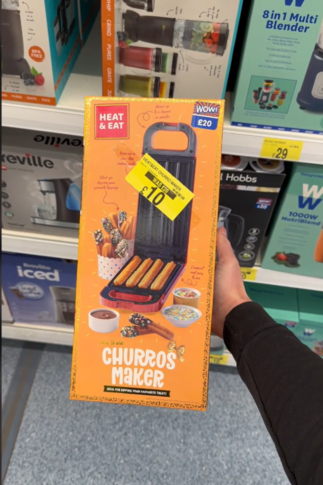 A hand holds a churro maker box; the box shows the churro maker and indicates a sale price of £10 (was £20).