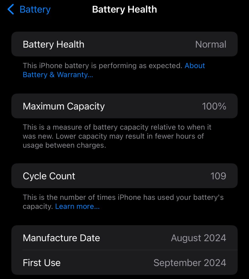 iPhone battery health report: normal, 100% maximum capacity, 109 cycle count.