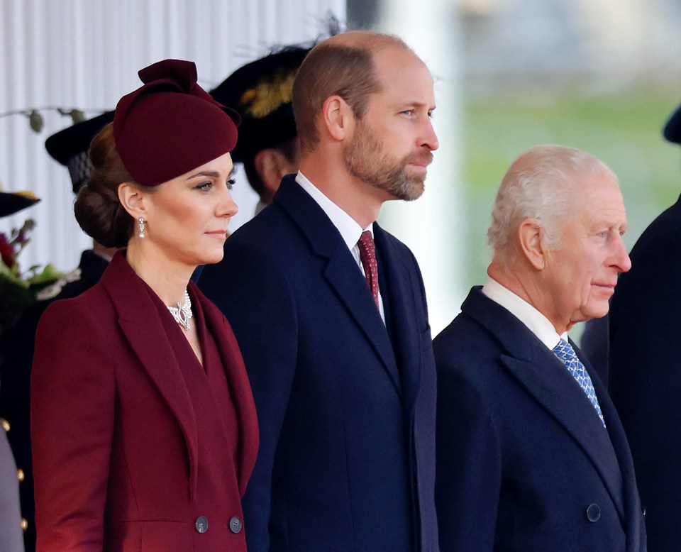 Catherine, Princess of Wales, Prince William, and King Charles III at a ceremonial welcome.