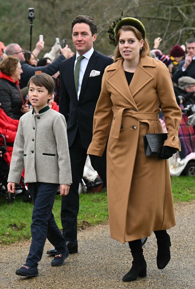 Princess Beatrice, her husband, and his son arriving at a Christmas Day service.