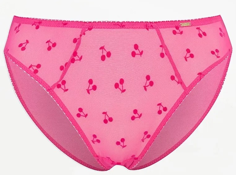 Pink briefs with a cherry print.