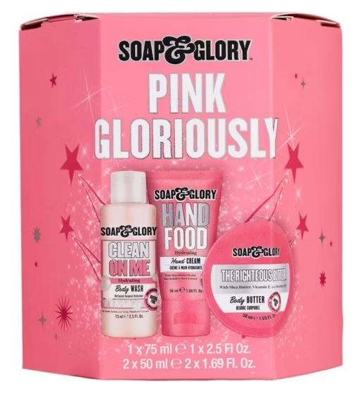 Soap & Glory Pink Gloriously gift set with body wash, hand cream, and body butter.