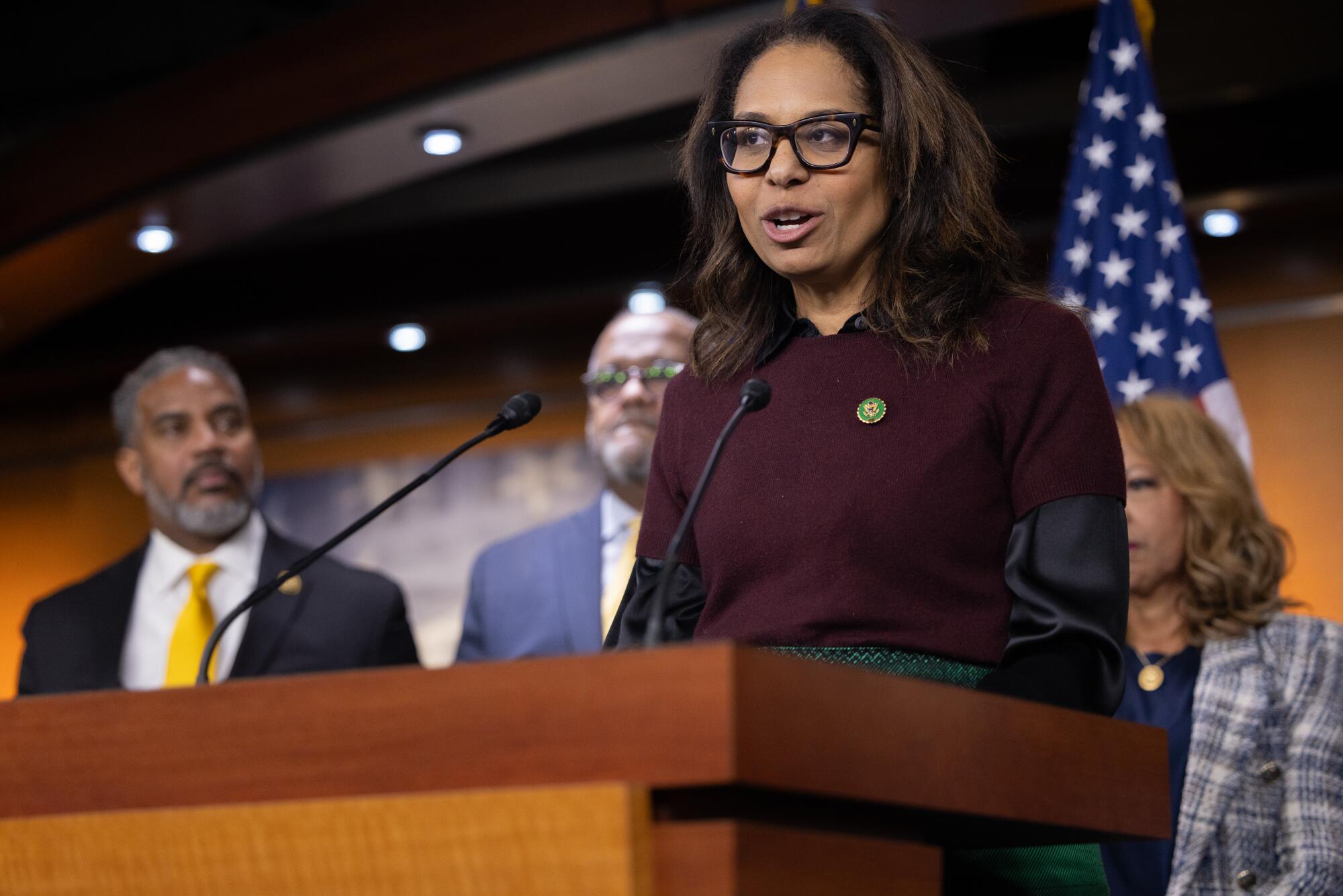 Congresswoman Sydney Kamlager-Dove (D-CA) speaks at a press conference.