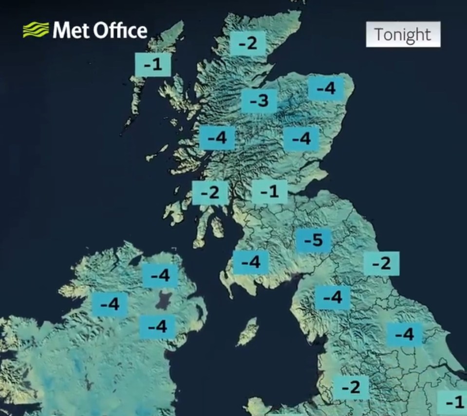 MET Office weather forecast map showing tonight's temperatures across the UK.