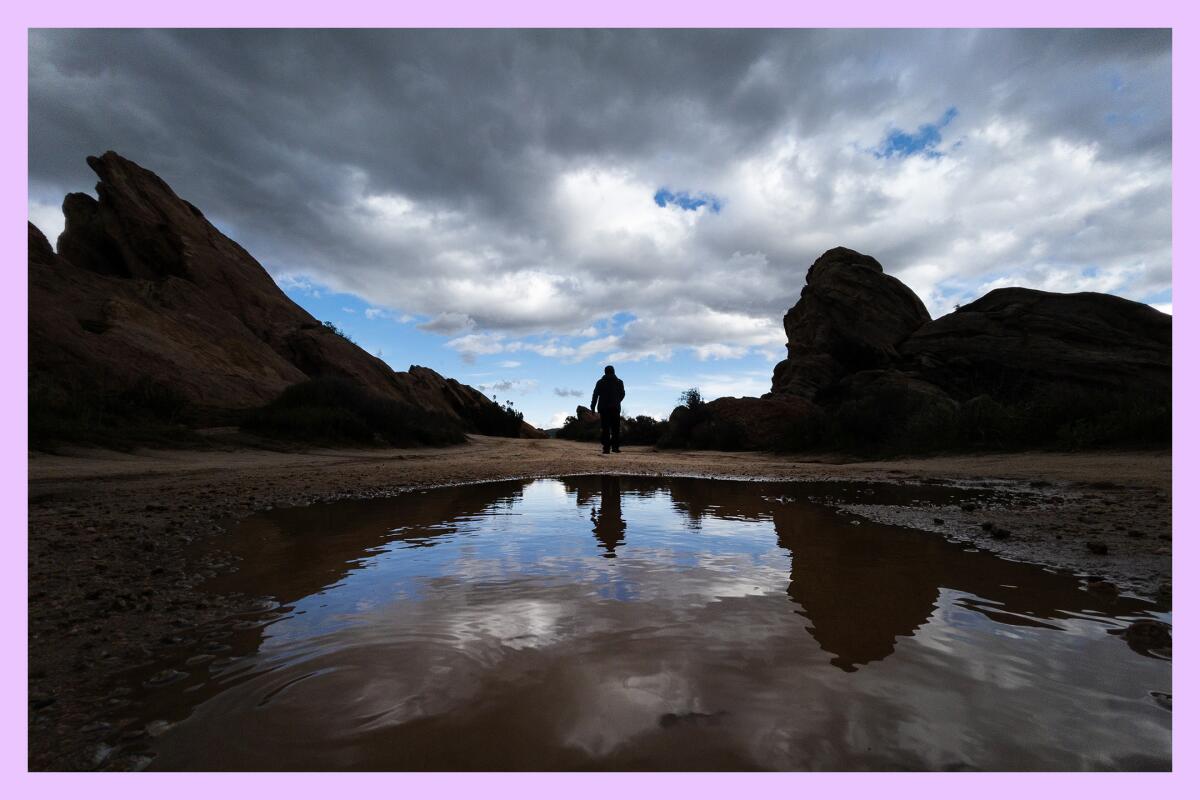 A spot of rain pools at the base of the iconic Vasquez Rocks.