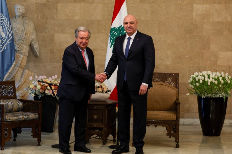 United Nations Secretary-General Antonio Guterres meets with Lebanese President Joseph Aoun at the presidential palace, in Baabda, Lebanon January 18, 2025. REUTERS/Mohamed Azakir REFILE-QUALITY REPEAT