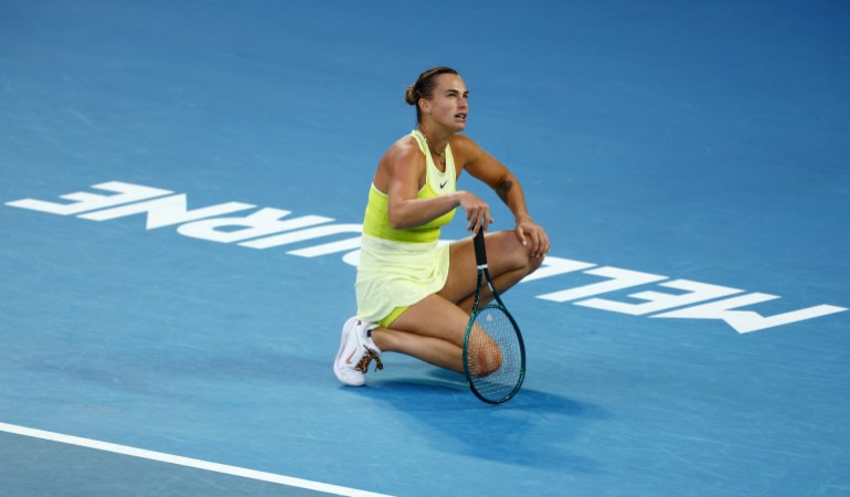 Tennis - Australian Open - Melbourne Park, Melbourne, Australia - January 25, 2025 Belarus' Aryna Sabalenka reacts during the final against Madison Keys of the U.S. REUTERS/Edgar Su