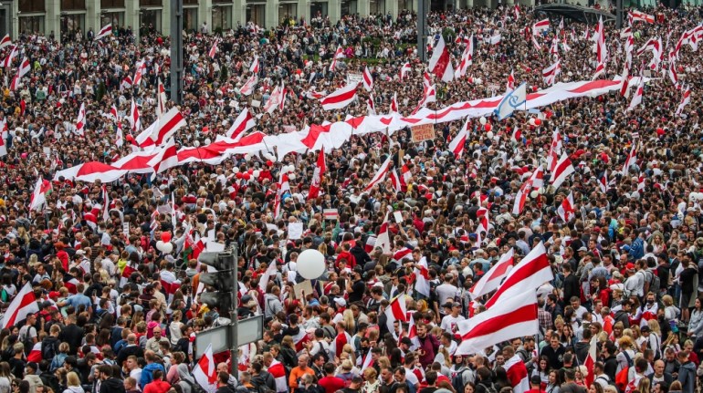 People attend a protest against the results of the presidential elections, in Minsk, Belarus 23 August 2020. Opposition in Belarus alleges poll-rigging and police violence at protests following electi