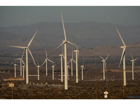 Wind turbines at the San Gorgonio Pass wind farm in Whitewater, California, in 2021.  Photographer: Bing Guan/Bloomberg