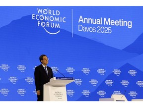 Ding Xuexiang, China's first vice premier, addresses the World Economic Forum (WEF) in Davos, Switzerland, on Tuesday, Jan. 21, 2025. The annual Davos gathering of political leaders, top executives and celebrities runs from January 20 to 24. Photographer: Stefan Wermuth/Bloomberg