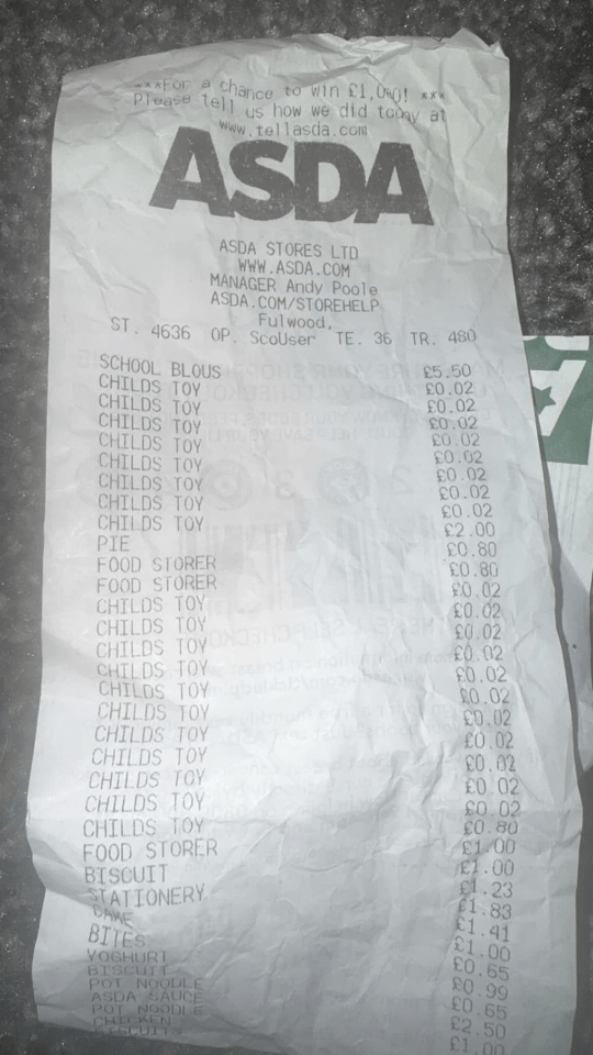 ASDA receipt with itemized purchases.