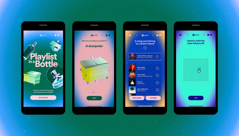 Illustration of Spotify app screens showing a user creating a musical time capsule.