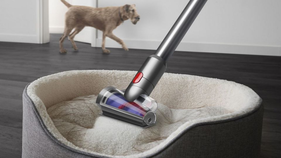 Vacuum cleaner cleaning pet hair from a pet bed.