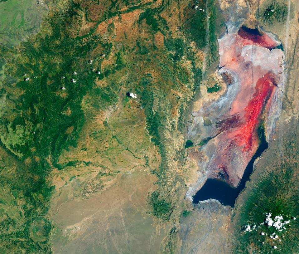 Satellite image of Lake Natron in Tanzania.