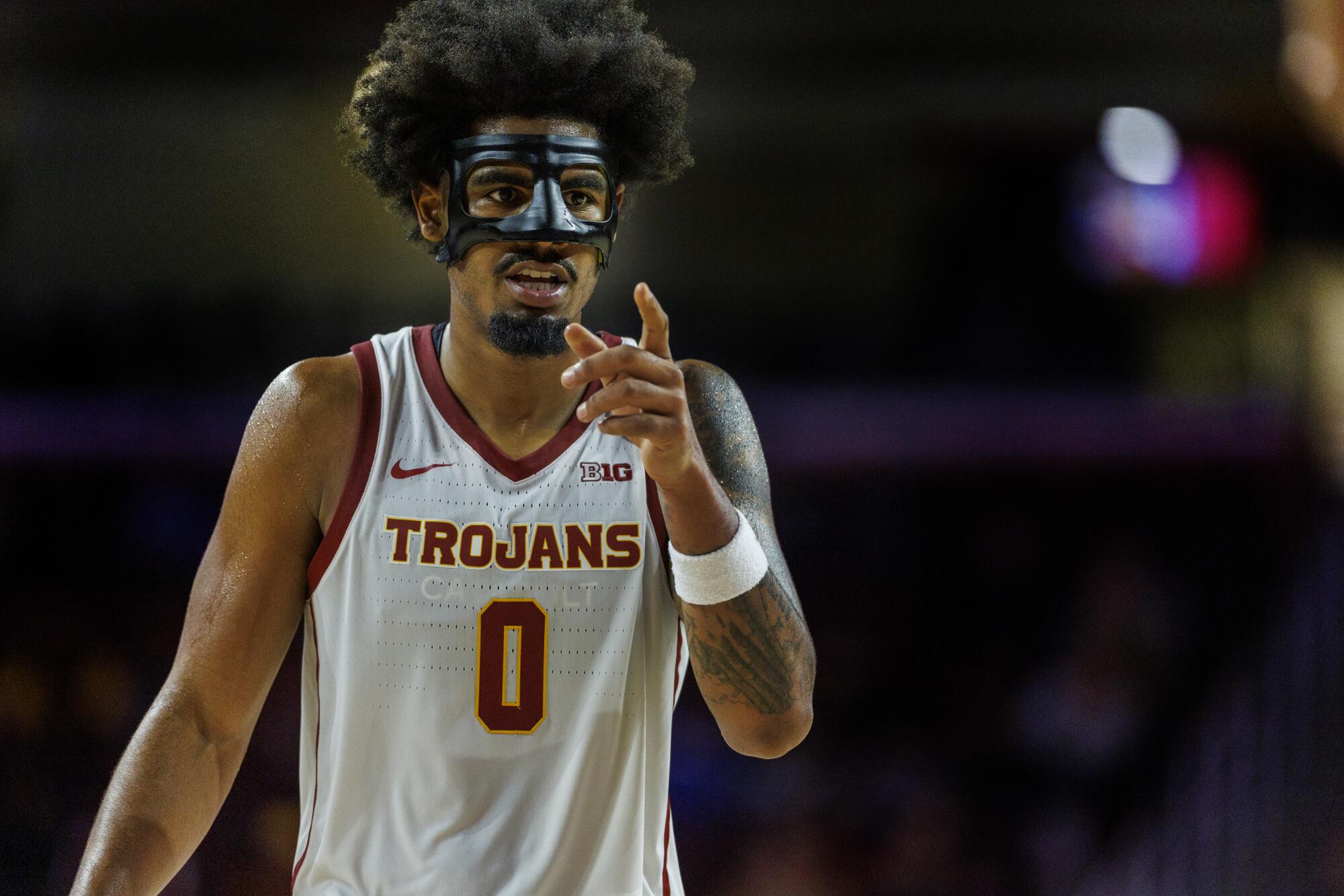 USC forward Saint Thomas wears a face mask during a win over Idaho State at Galen Center on Nov. 7.