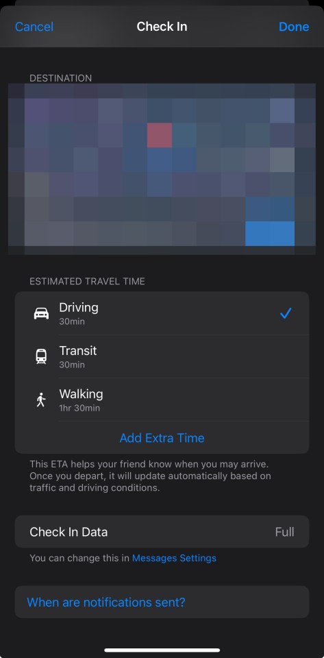 iPhone screen showing estimated travel times for driving, transit, and walking, with options to add extra time and check in data.