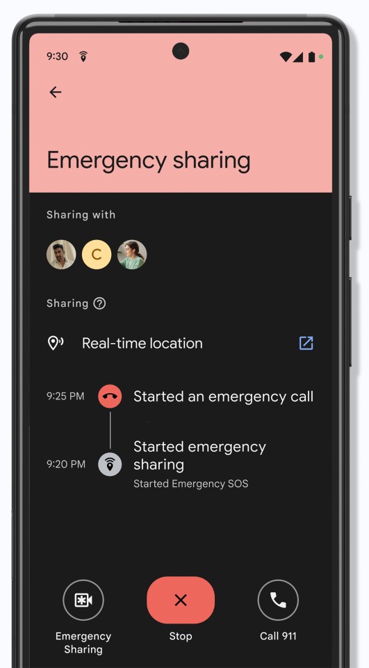 Smartphone screen showing emergency sharing details, including contacts, real-time location, and call log.