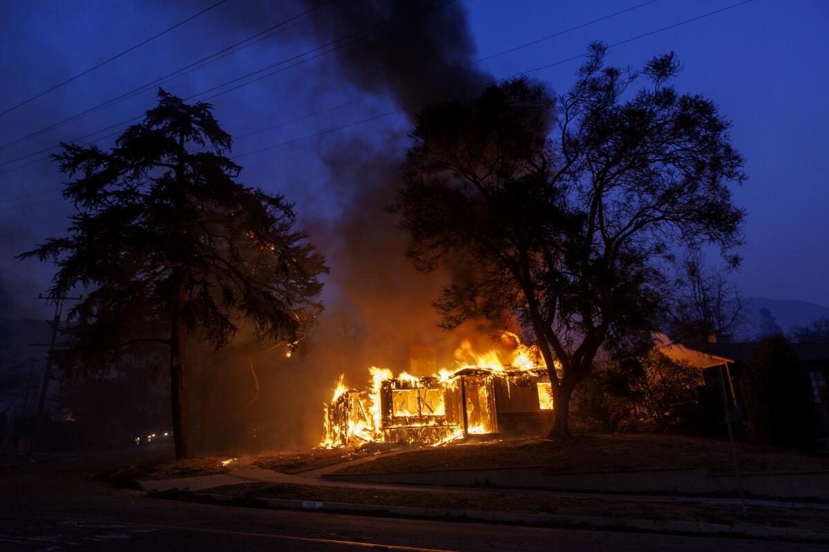 A home flanked by tall trees is fully on fire, glowing orange against a dark sky.  