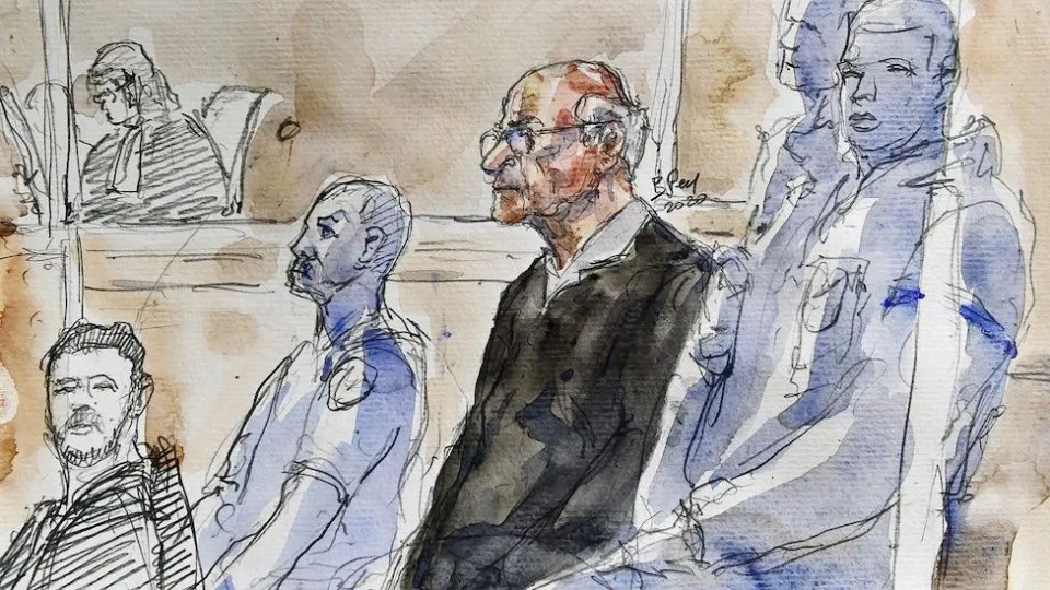 Courtroom sketch of a defendant and others.