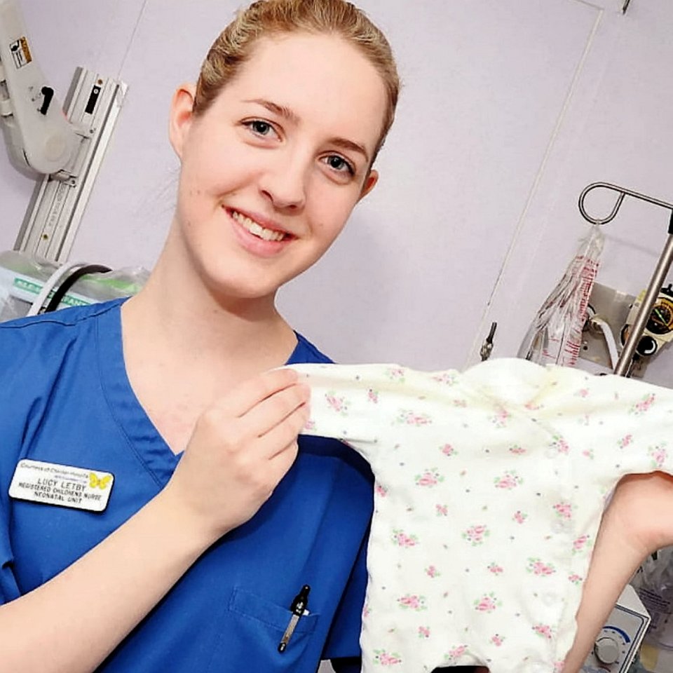 Lucy Letby, a nurse accused of murdering babies, holding a baby's garment.