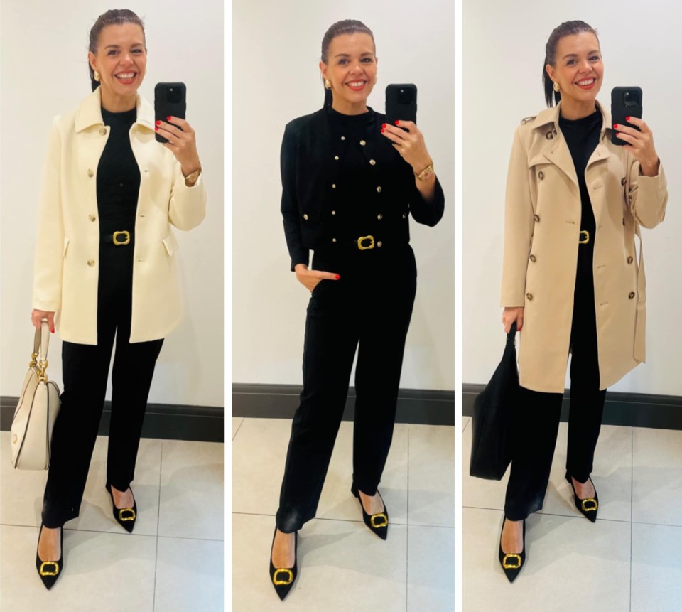 Collage of a woman modeling three outfits: cream jacket, black cropped jacket, and beige trench coat, all with black pants and shoes.