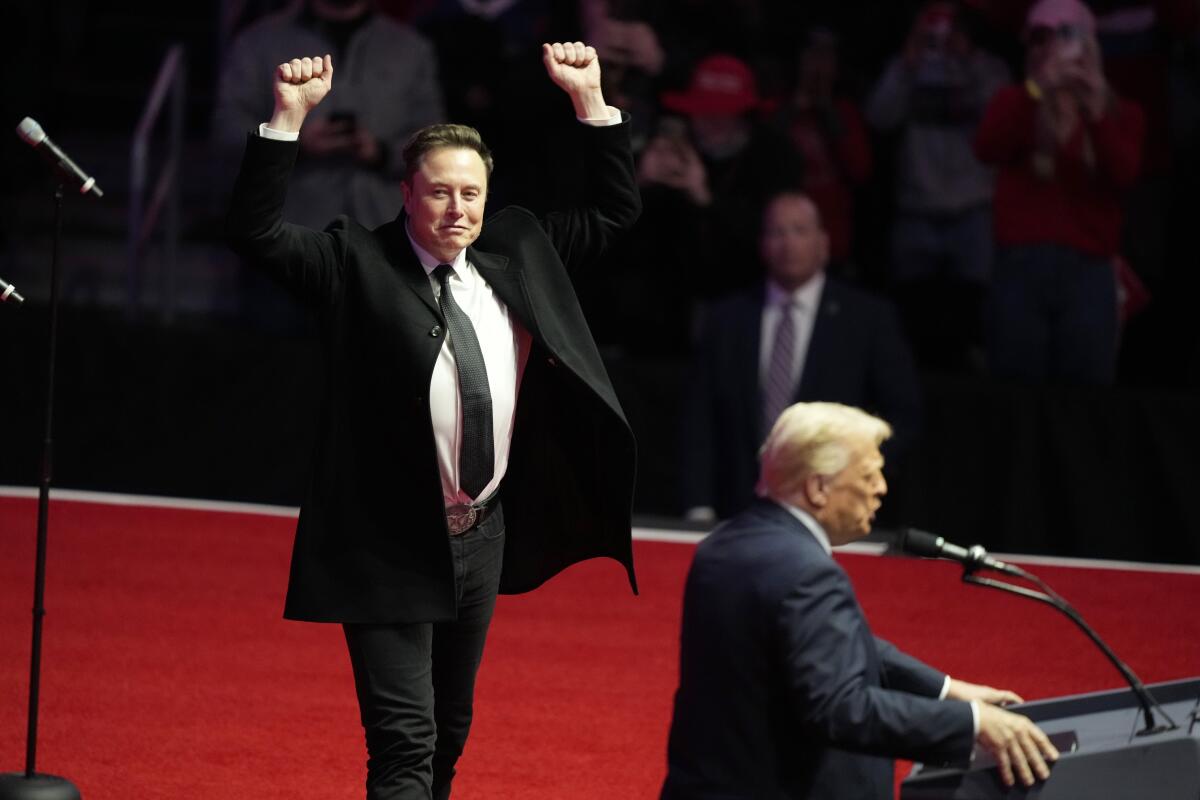 Elon Musk reacts as Donald Trump speaks at a Jan. 19 rally in Washington.