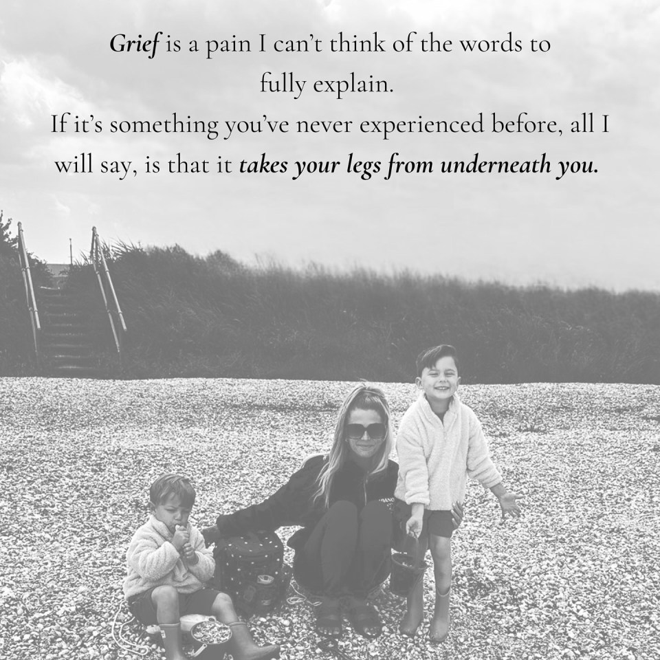 a black and white photo of a woman and two children with a quote about grief