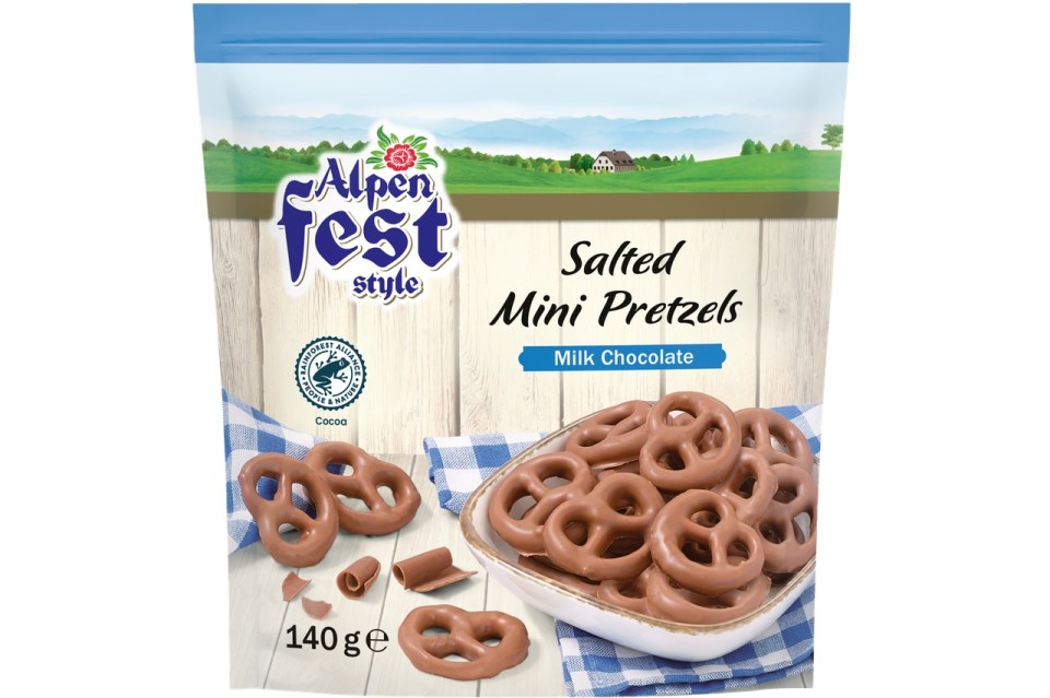 Package of Alpen Fest style salted mini pretzels in milk chocolate.