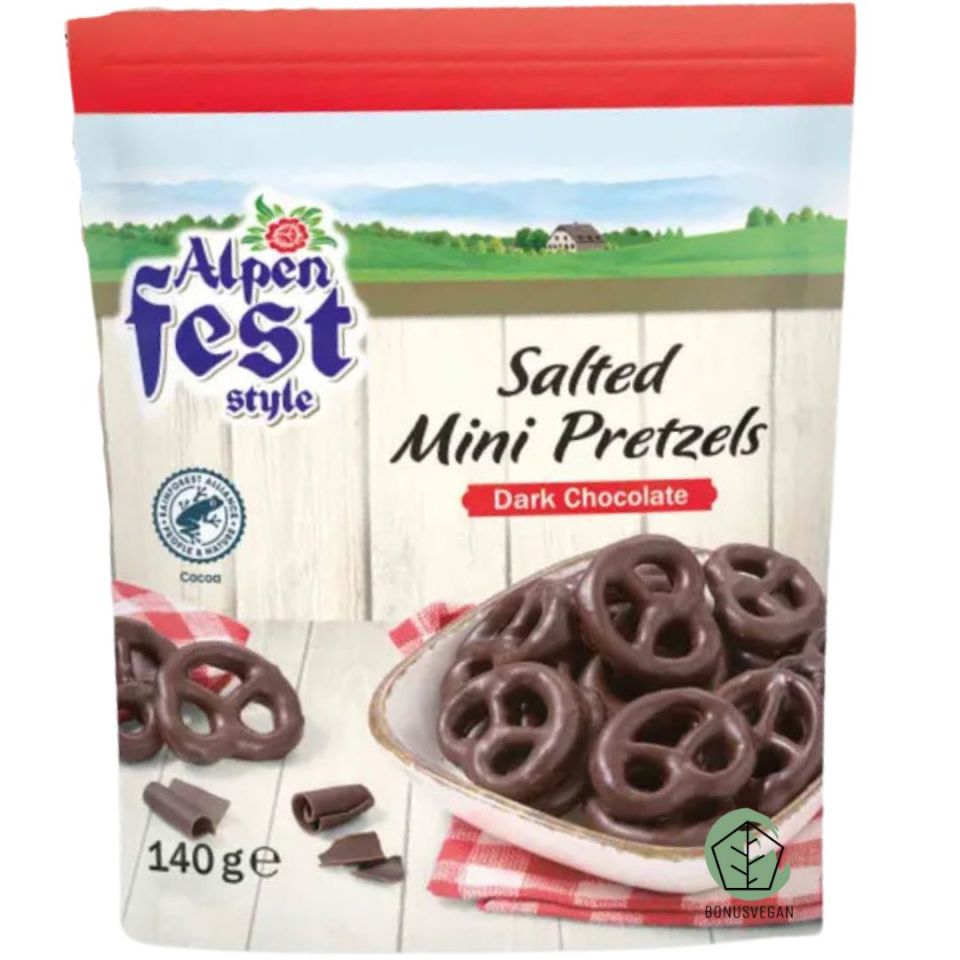 Package of Alpen Fest Style Salted Mini Pretzels in dark chocolate.