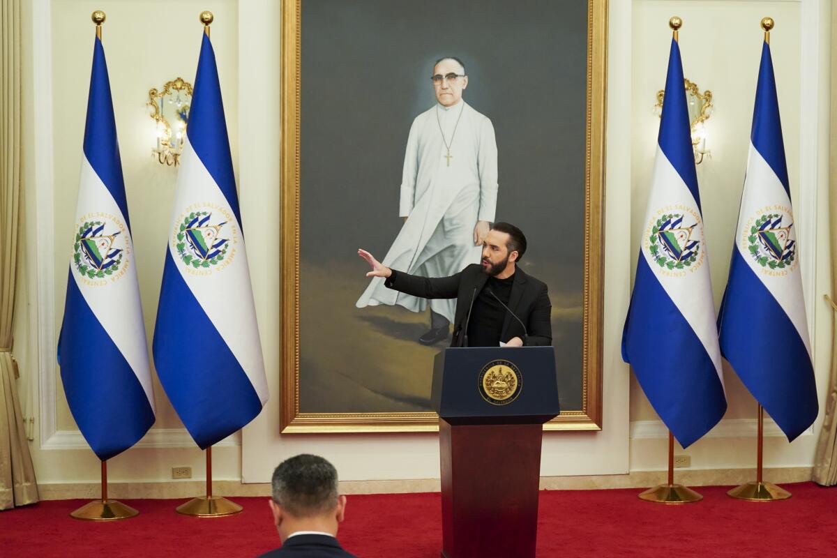 President Nayib Bukele holds a new conference in San Salvador