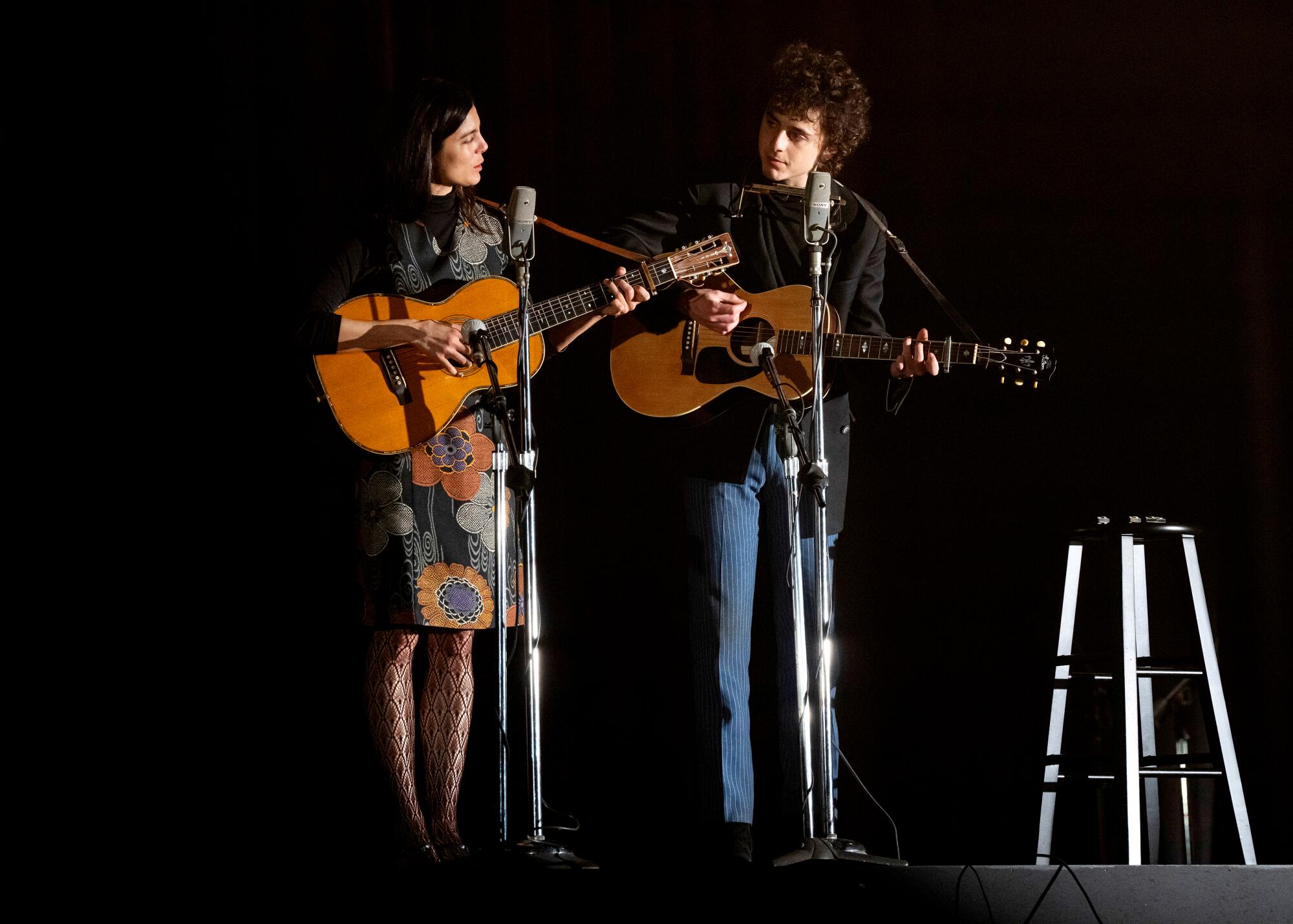 Timothée Chalamet and Monica Barbaro in "A Complete Unknown."