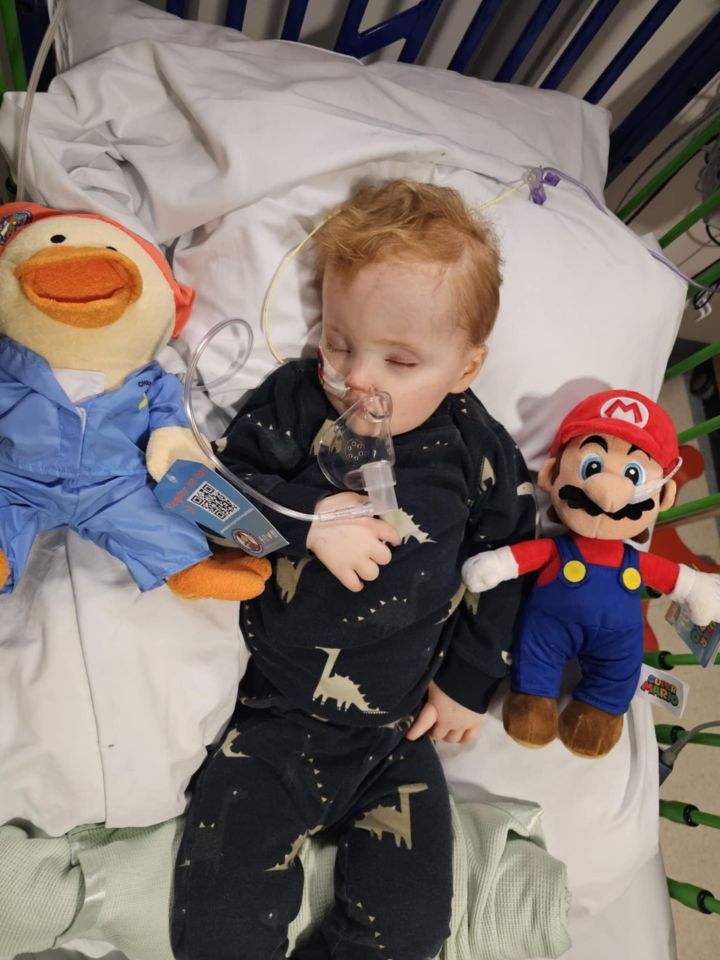 A toddler with stage-four cancer sleeps in a hospital bed surrounded by stuffed animals.