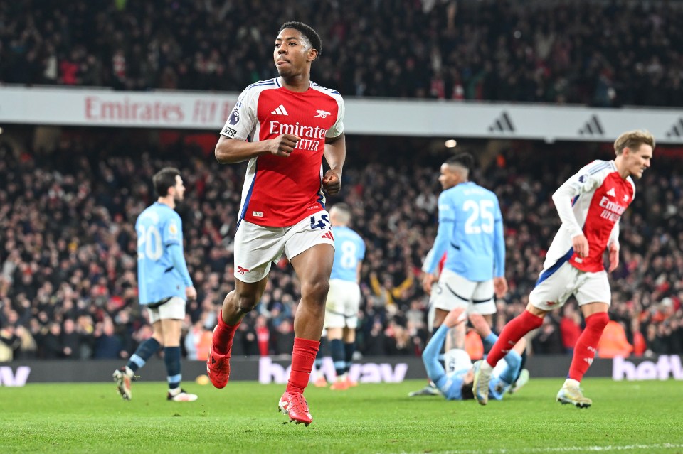 Myles Lewis-Skelly of Arsenal celebrating a goal.