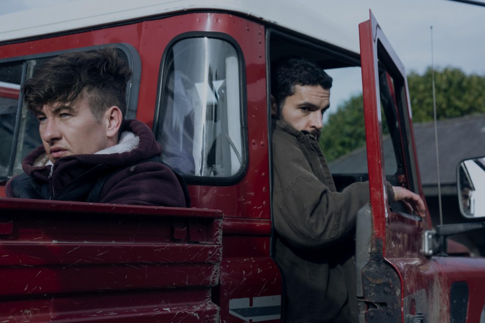 Film still of Barry Keoghan and Christopher Abbott in a truck.