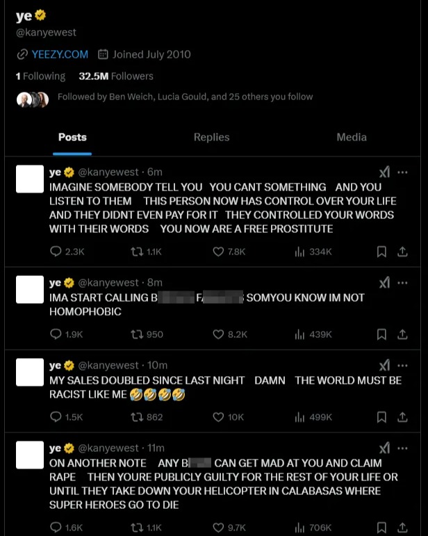 Screenshot of Kanye West's Twitter profile and several of his tweets.