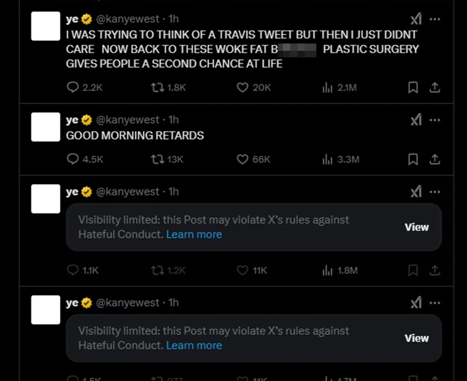 Screenshot of Kanye West's tweets, some of which have limited visibility due to hateful conduct.