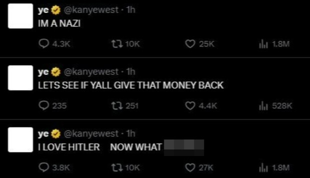 Screenshots of Kanye West's controversial tweets.