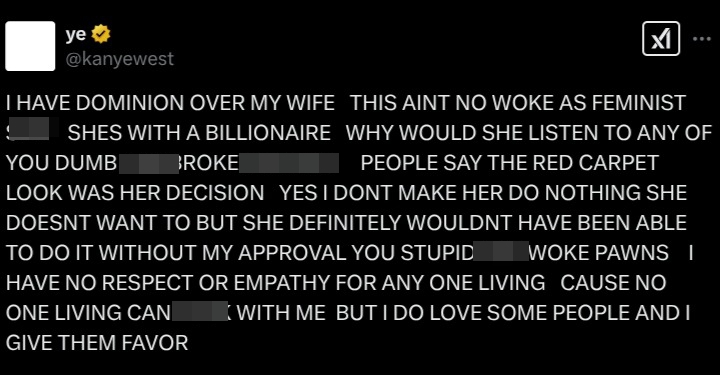 Screenshot of Kanye West's tweet about his wife.